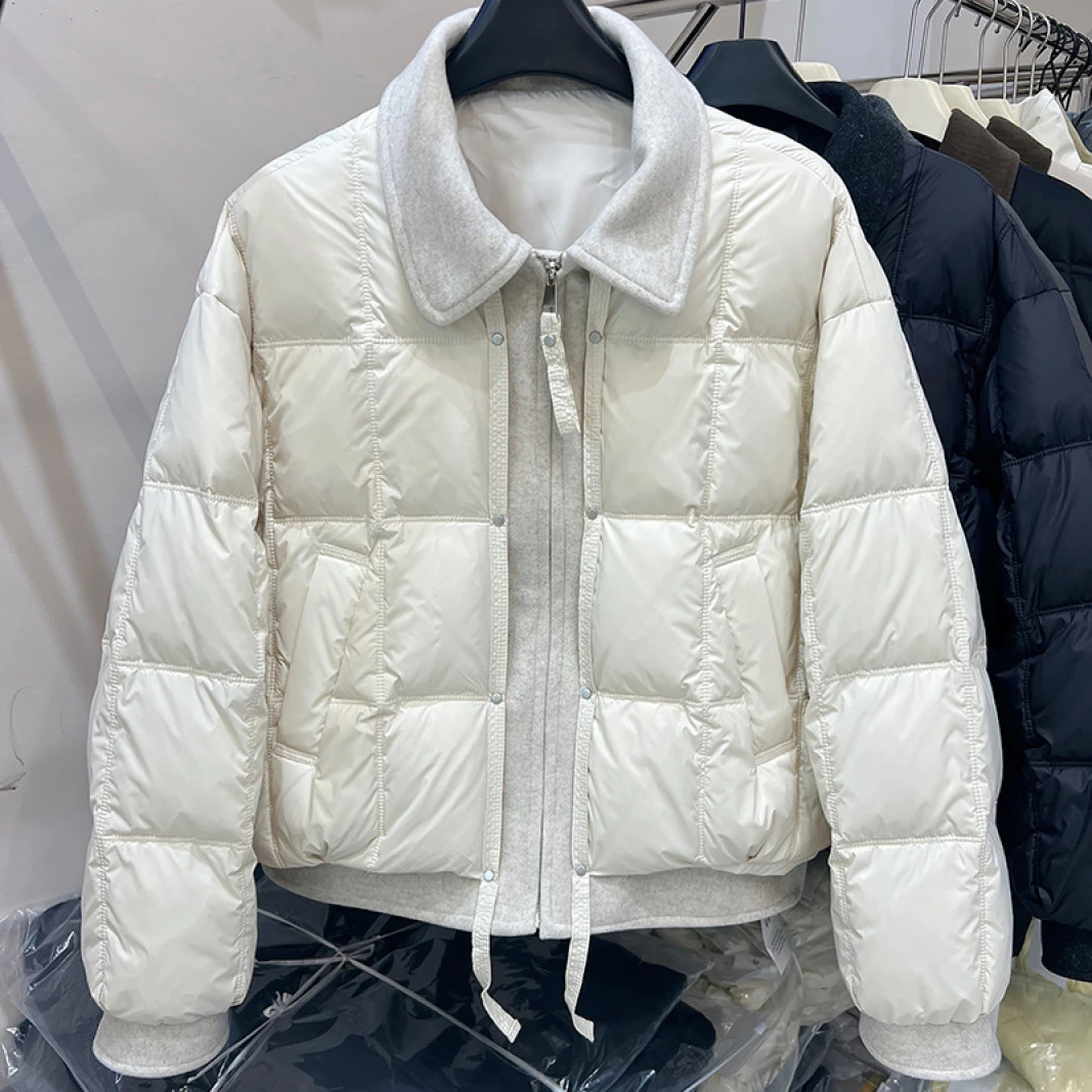 韩版短款羽绒服女2025冬季款翻领拼接保暖外套时尚百搭小个子上衣