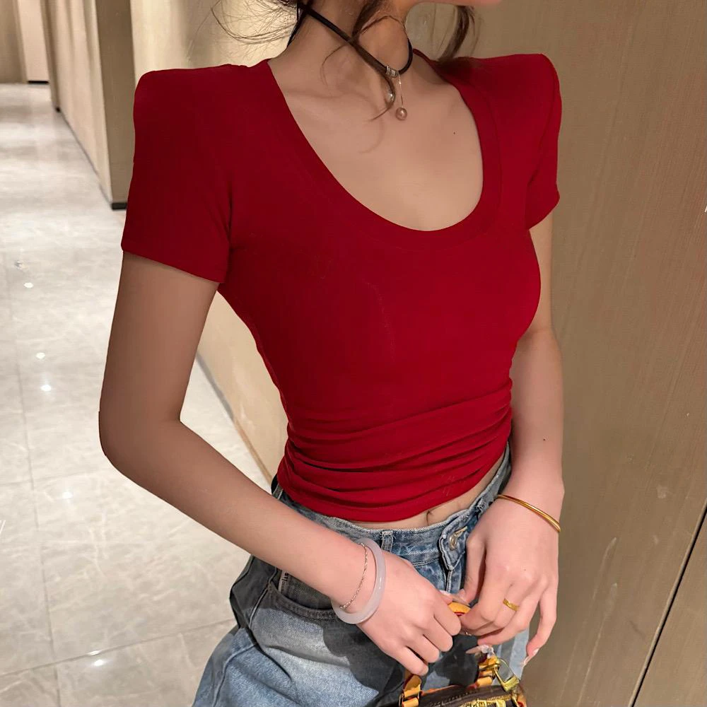 辣妹纯欲U领短袖T恤女2025夏季新款设计感性感紧身显瘦短款上衣