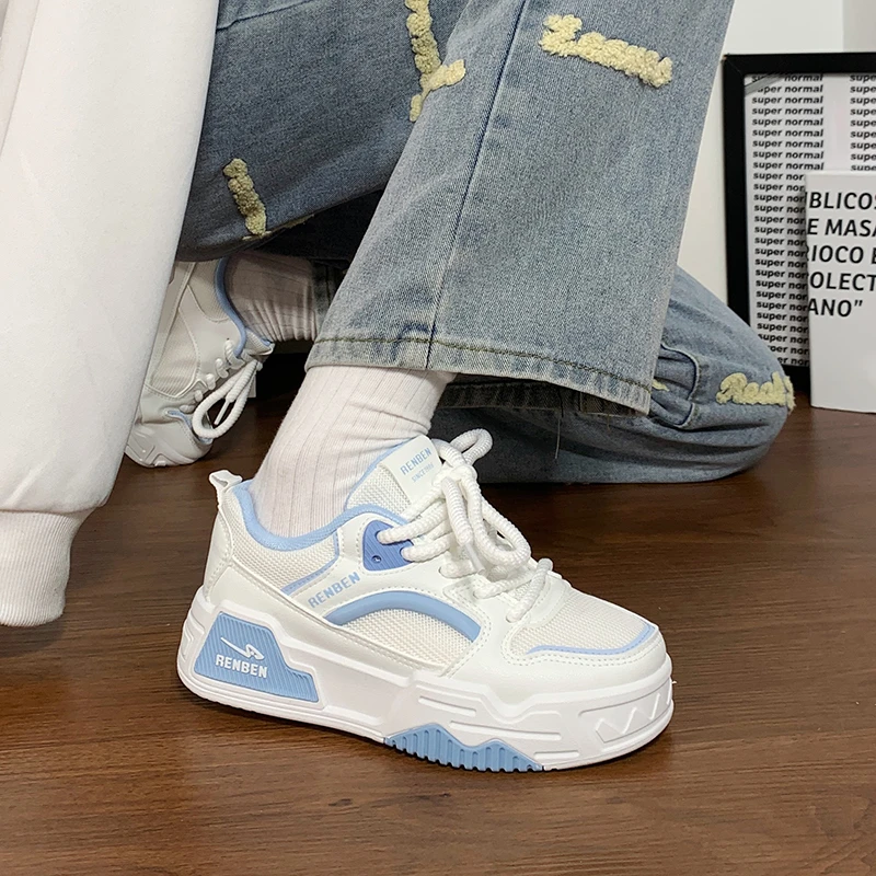 人本白蓝网面厚底小白鞋2025夏季新款百搭小众配裙子休闲板鞋女