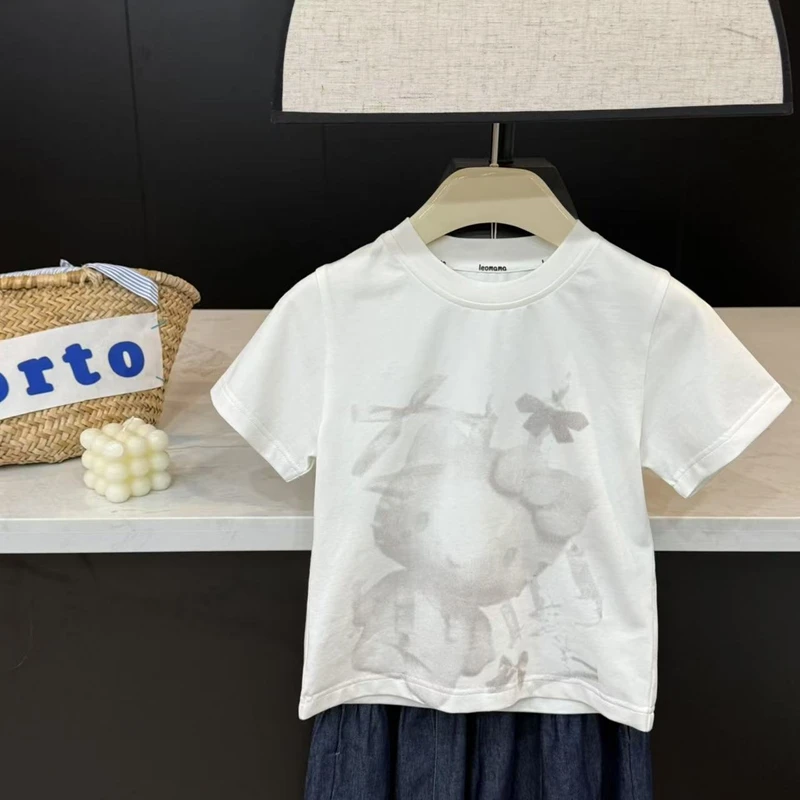 【现货】leomama女童云朵晕染水墨猫咪T恤儿童夏季韩版宽松圆领短袖