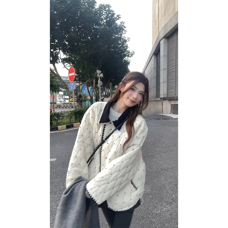 法式气质小香风波点拼接菱格棉服女秋冬设计感撞色翻领棉衣外套