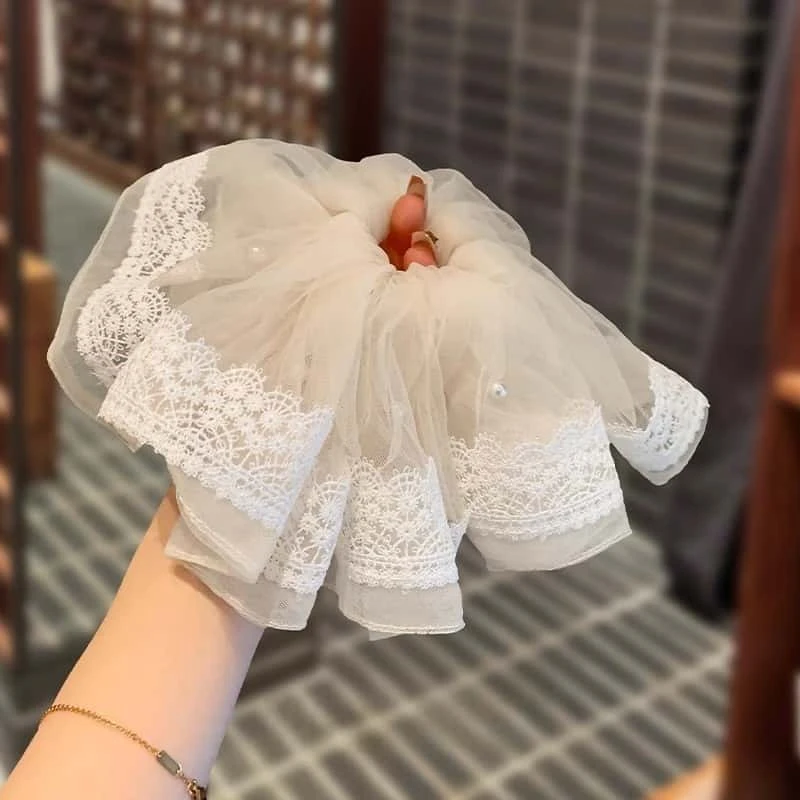 韩国高档精致米白轻盈网纱刺绣珍珠肥肠圈后脑勺盘发皮筋发圈头绳