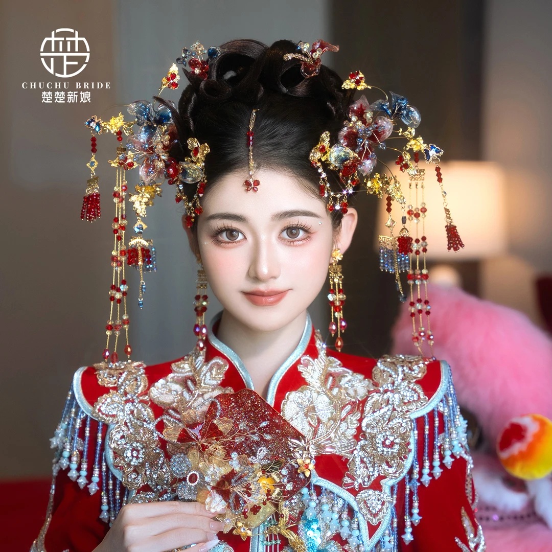 秀禾新娘头饰红金蓝中式分体套装龙凤褂晨袍旗袍额饰眉心坠发饰