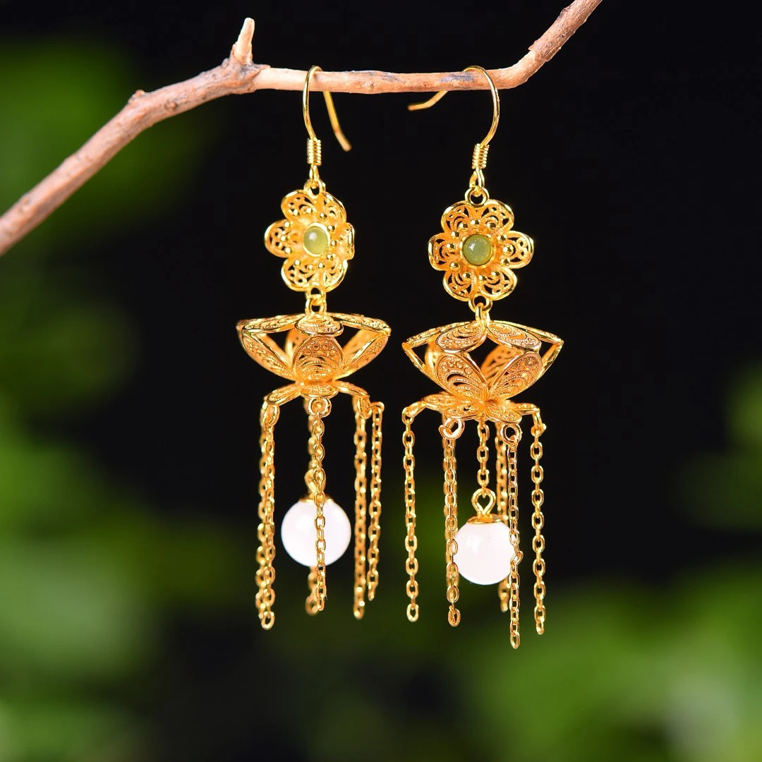 S925银镶嵌天然和田玉葫芦流苏耳坠新中式珐琅耳环复古耳饰7878