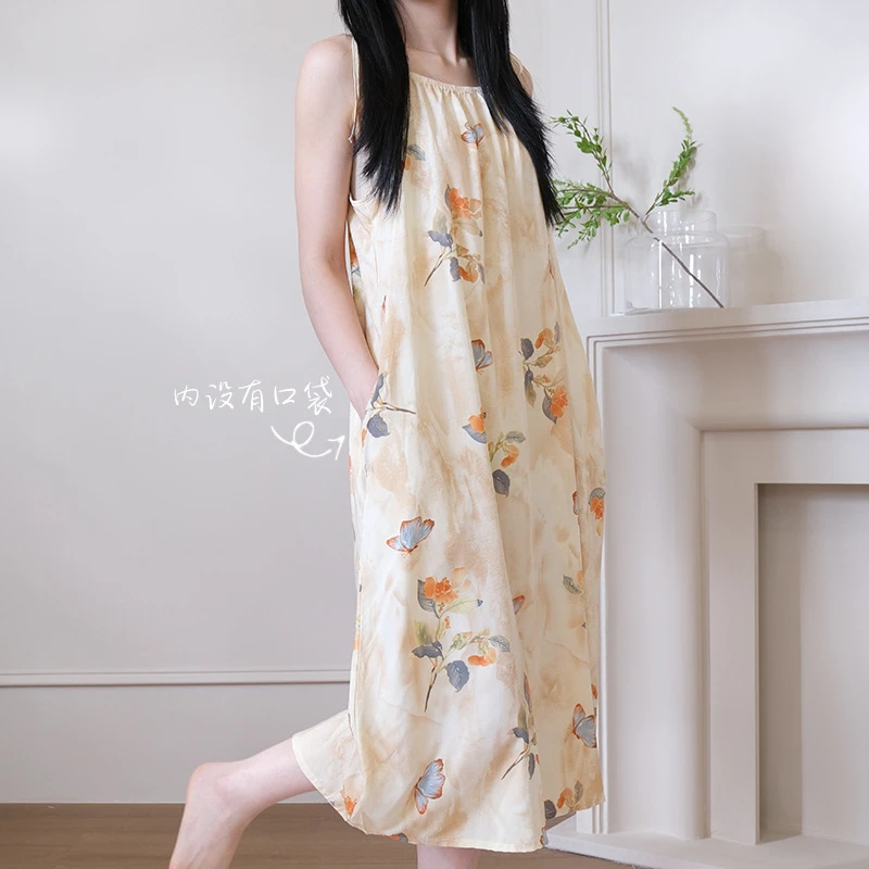 国风睡裙女夏季棉绸睡衣薄款高级感可外穿家居服连衣裙夏天中长款