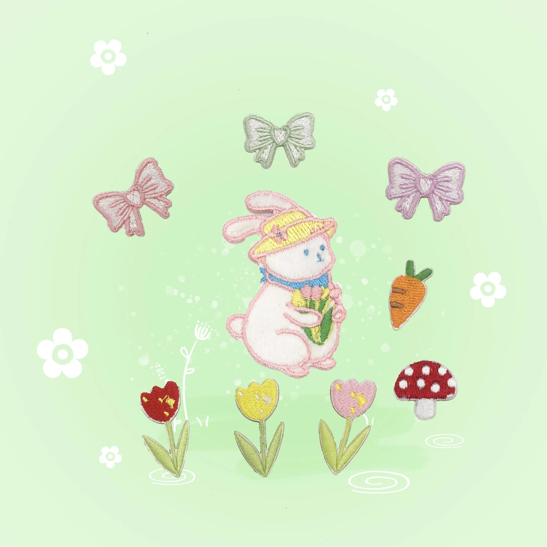 新款可爱毛绒兔子刺绣布贴花朵包包手机壳贴布装饰贴服装辅料自粘