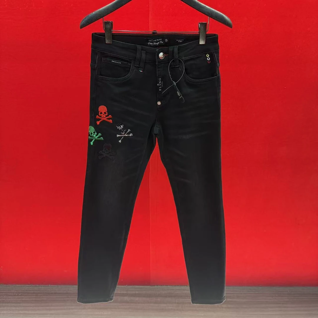 PP正品25男新款视觉系秋季小直脚烫钻骷髅头刺绣个性时尚牛仔长裤