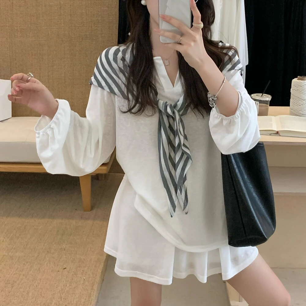 韩版慵懒宽松冰丝长袖T恤+松紧腰a字半身裙套装(配披肩) #T0420