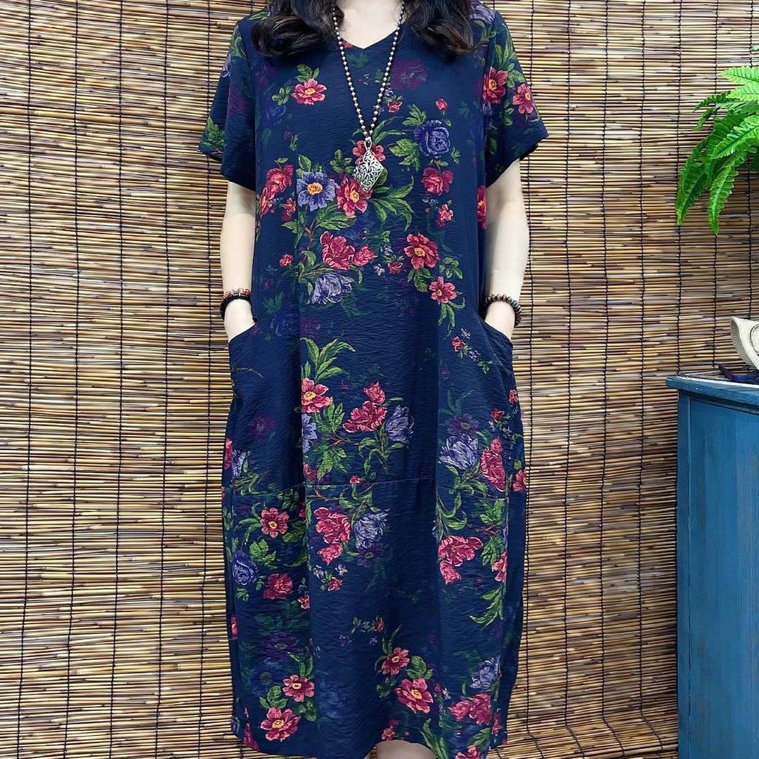 6457新品夏季清凉短袖V领中年妈妈连衣裙A字裙子洋气裙子