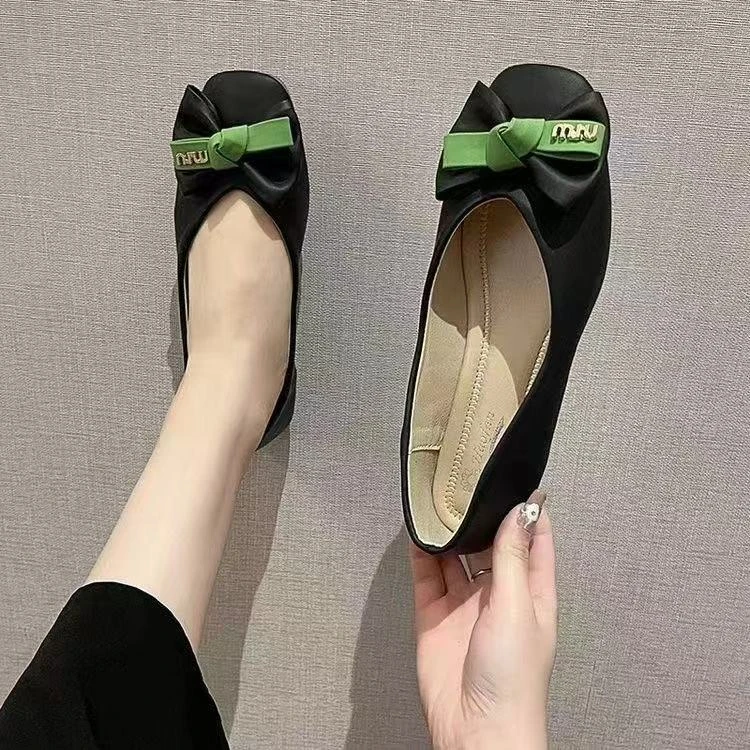 网红单鞋方头浅口单鞋女春季新款蝴蝶结平底仙女风橡胶果冻底