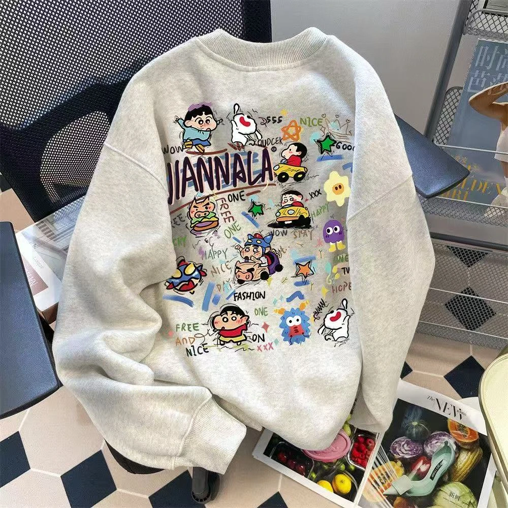 重磅秋冬纯棉加绒加厚蜡笔小新卡通印花圆领卫衣男女流行上衣ins