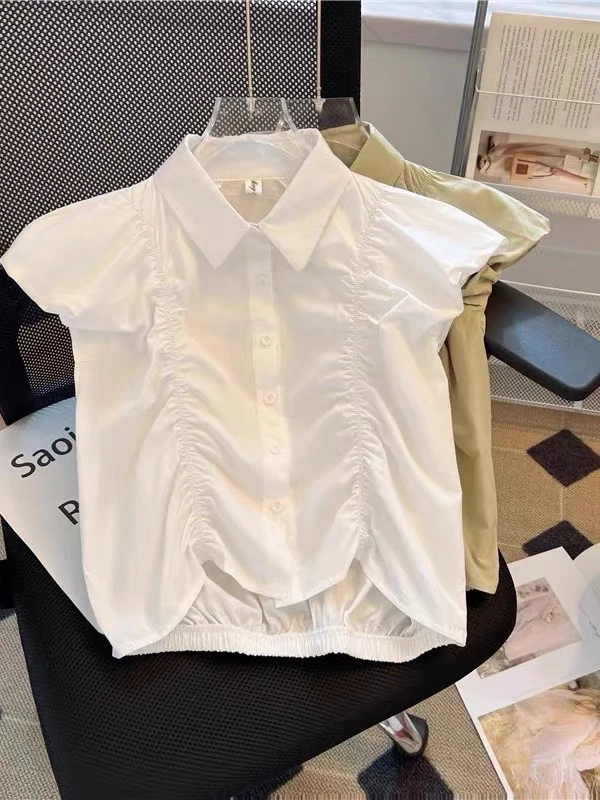 WTT-2573 法式褶皱翻领无袖衬衫设计感小众别致衬衣独特无袖上衣