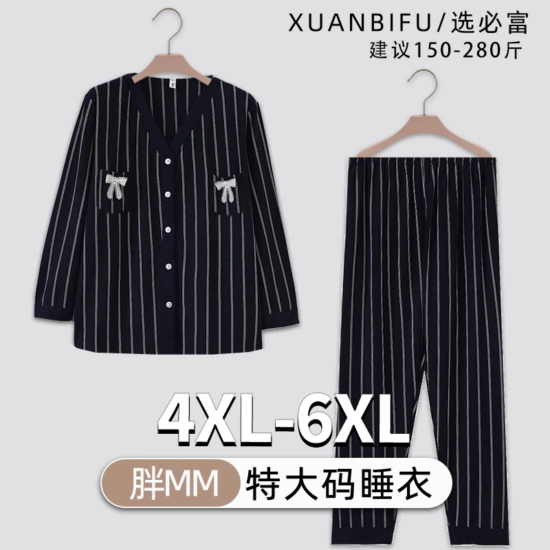 100%棉深色遮肉显瘦胖mm特大码睡衣女200斤宽松加肥加大V领家居服