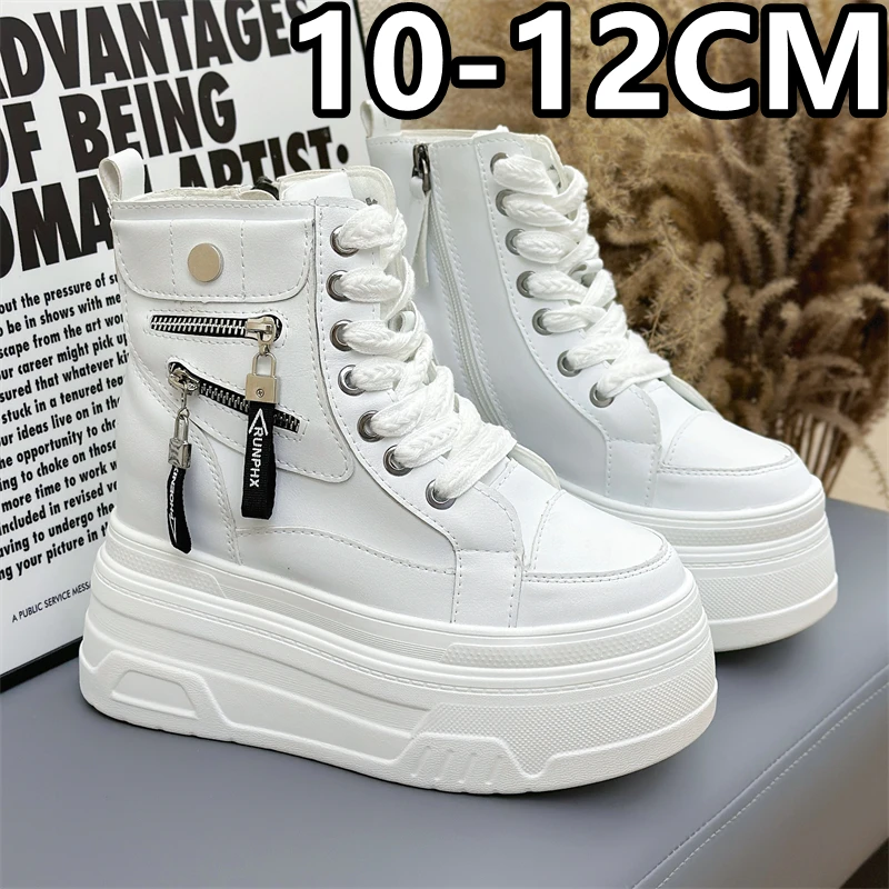 内增高女鞋12cm拉链超高跟秋季白色高帮鞋10cm休闲小白鞋厚底百搭