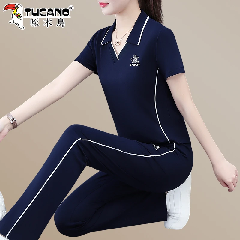 啄木鸟冰丝薄款休闲运动套装女新款夏季时尚洋气妈妈翻领短袖长裤