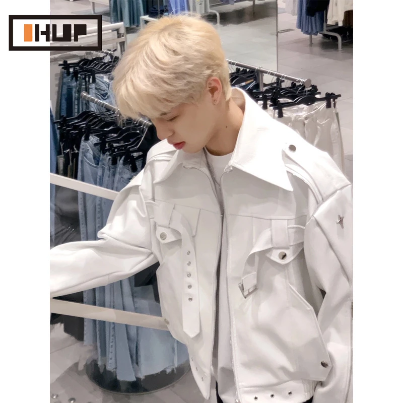 OHUP复古高街白色皮衣外套男春秋款潮牌小众高级感短款机车服夹克