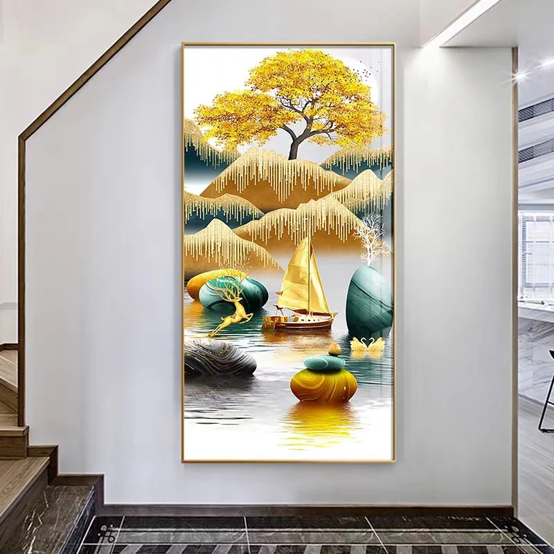 轻奢玄关装饰画现代客厅过道走廊竖版挂画发财树鹿防水晶瓷壁画