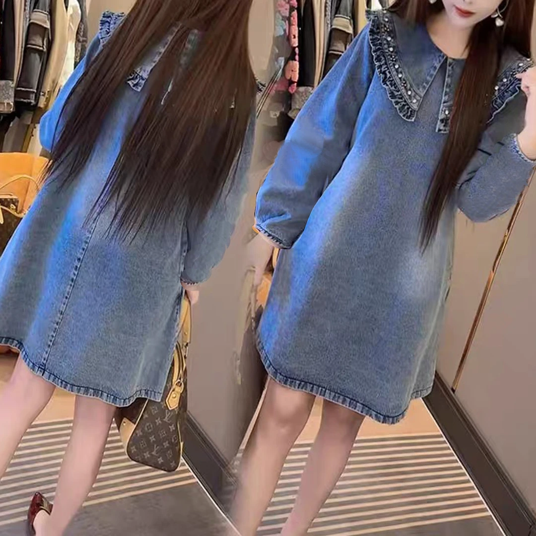 微胖mm大码娃娃领设计小众特色宽松天丝牛仔显瘦遮肉连衣裙2580