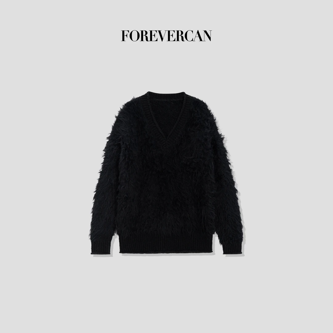 FOREVERCAN“黑森林”慵懒风长毛V领宽松套头针织上衣 MY4339