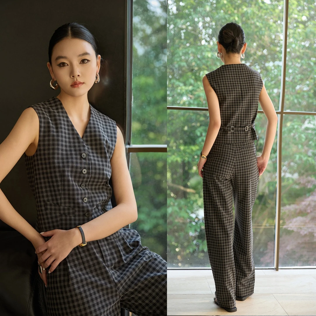 极简老钱风套装女格子纹马夹阔腿裤两件套2025夏季