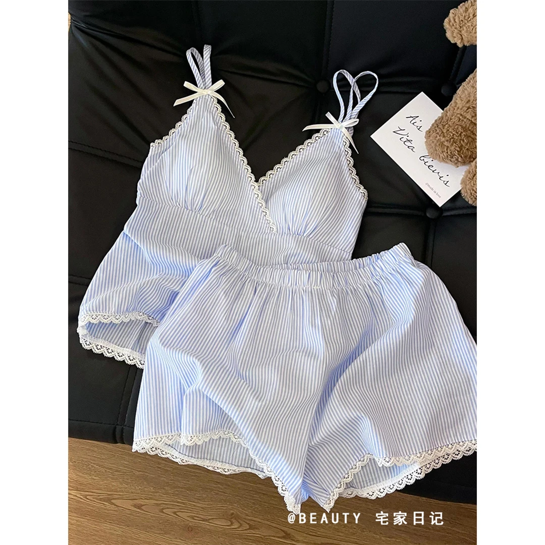 法式温柔蕾丝花边条纹吊带睡衣女夏季新款蓝色背心短裤家居服套装