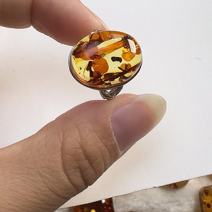 琥珀（花珀）银S925镶嵌戒指
