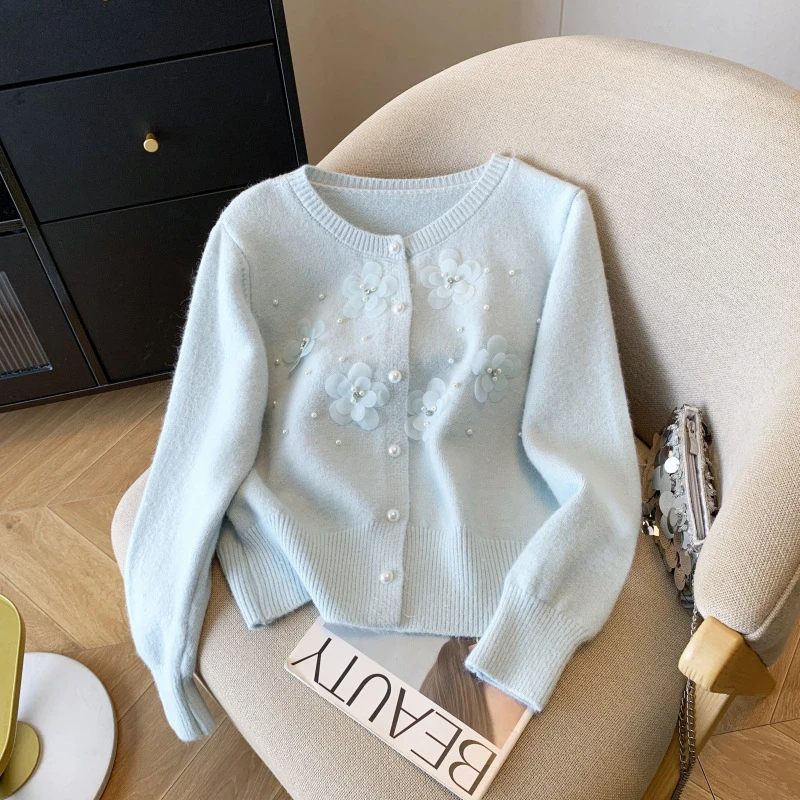2025秋冬新款韩系甜美重工钉珠立体花朵女设计感针织开衫上衣毛衣