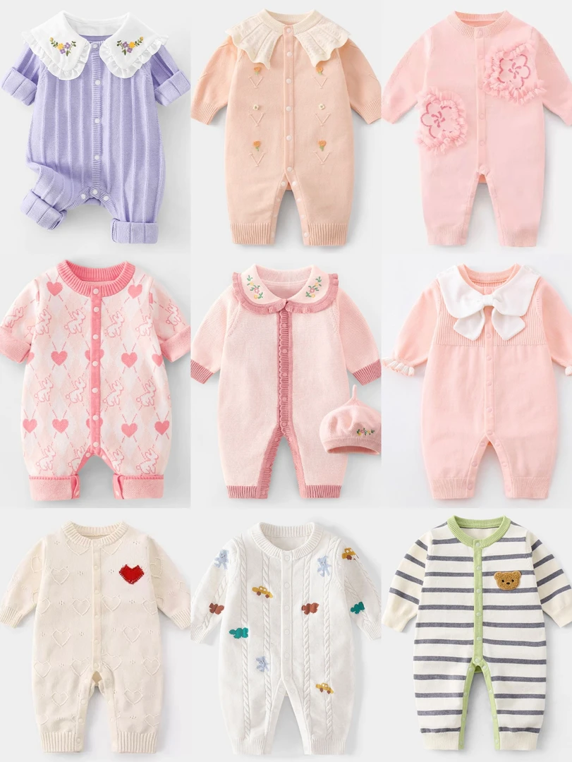 棉纱长爬可爱风A类哈衣爬服婴儿满月宝宝洋气连体纯棉针织毛衣