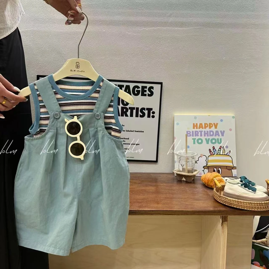 2025春夏季新品韩版中小童打底衫男女童宽松背带裤套装潮款