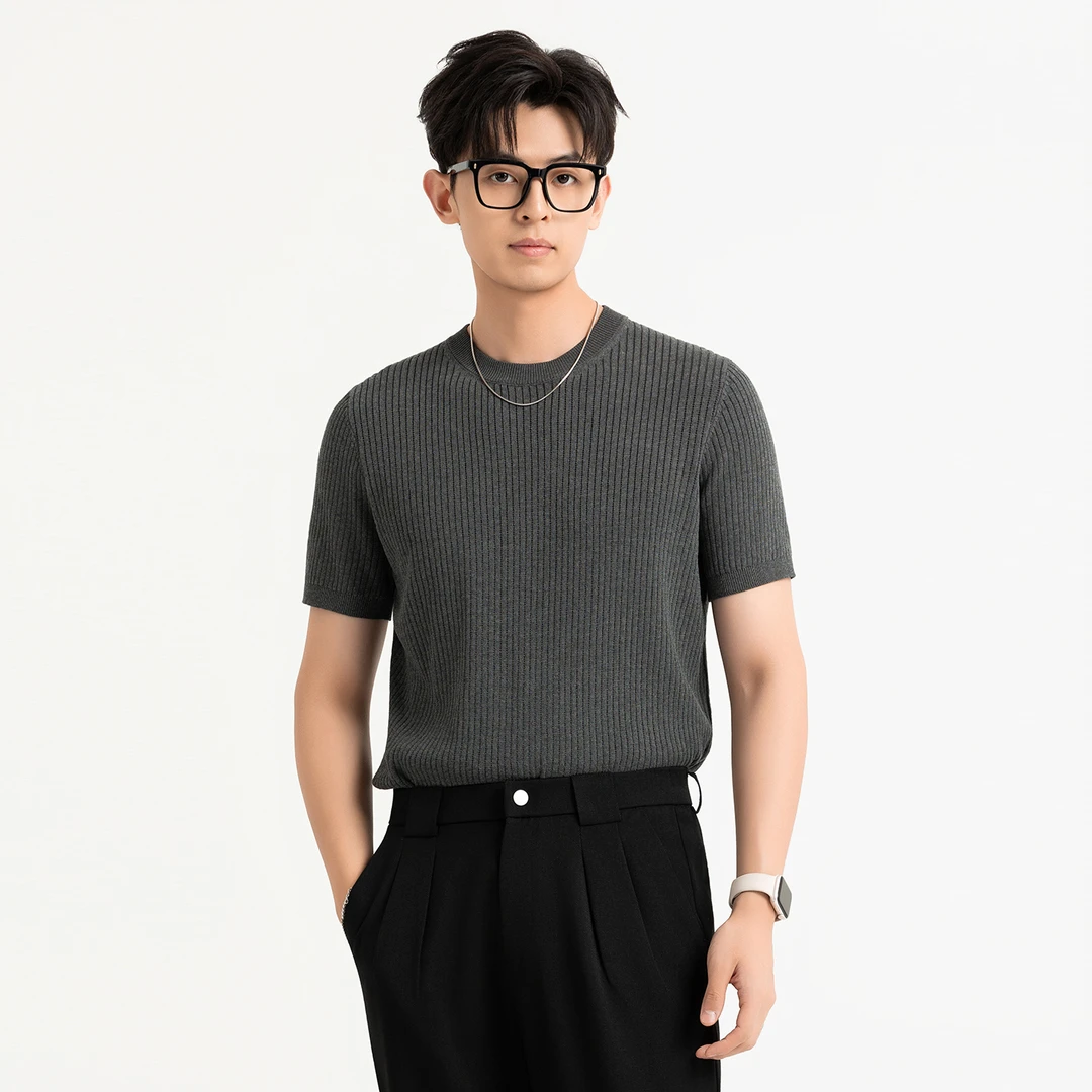 夏季新款轻奢老钱风条纹短袖针织衫T恤男士高级感圆领百搭上衣