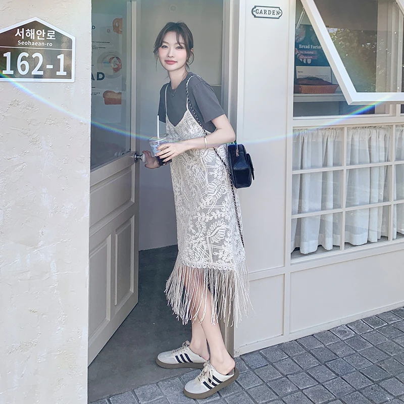 时尚气质百搭蕾丝流苏吊带连衣裙套装女2025夏季新款减龄高级感潮