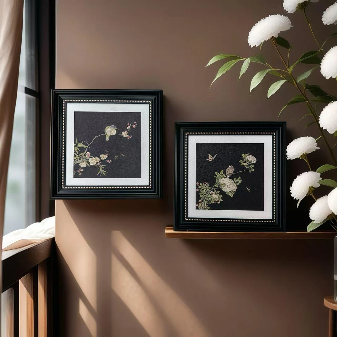 248新中式玄关装饰画客厅法式中国风艺术高级感花鸟装两联4040