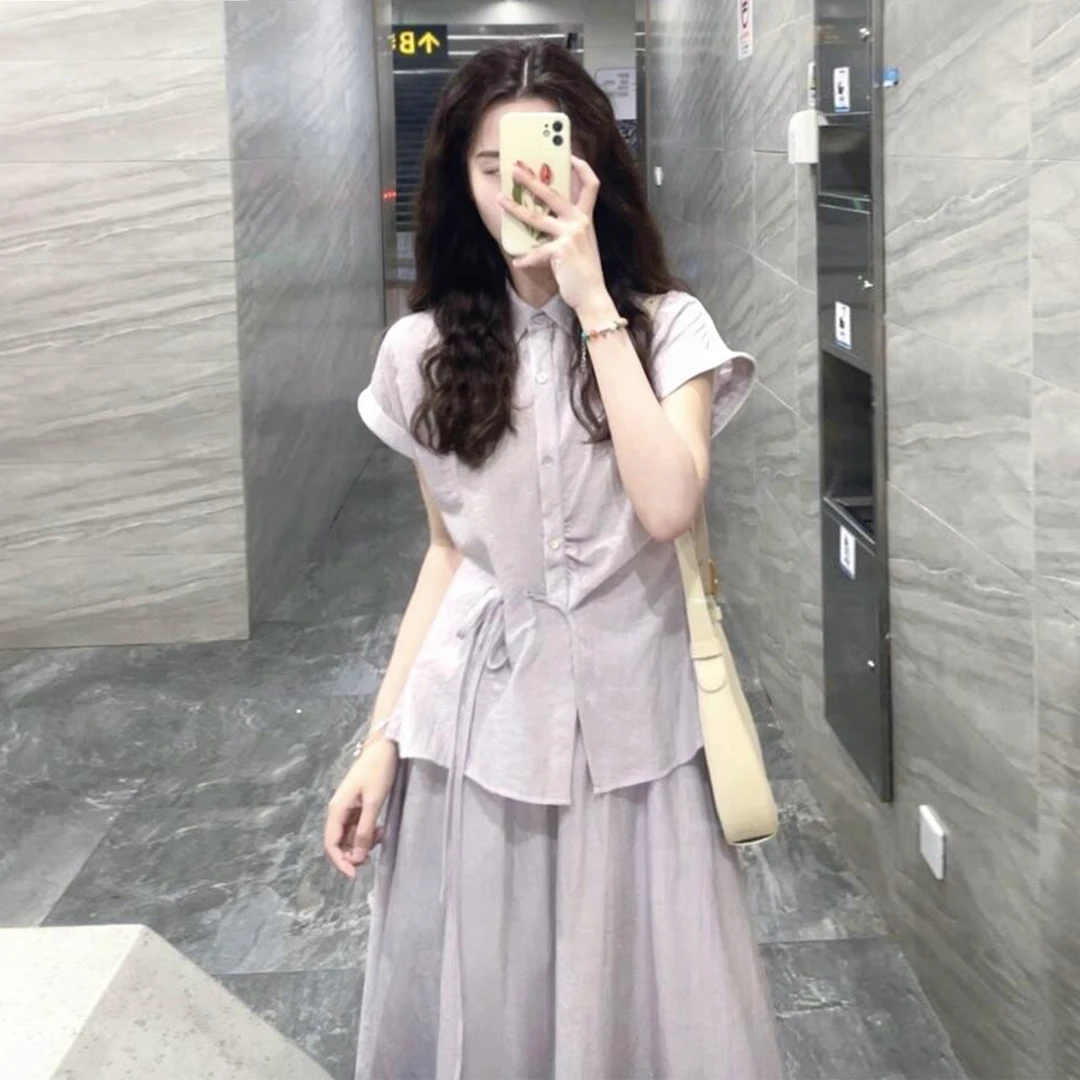2025新款法式紫色衬衫连衣裙子女夏季韩系穿搭高级感收腰套装长裙