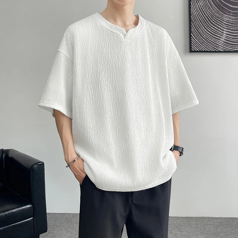 肌理感短袖T恤男凉感短袖休闲潮情侣半袖港风纯色百搭上衣夏季