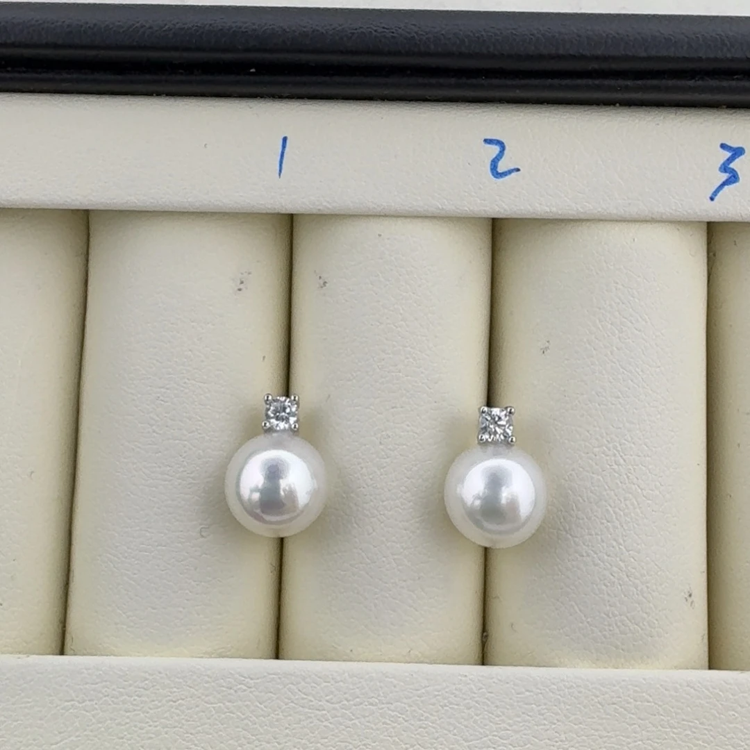 海水珍珠耳饰银S925镶嵌akoya正圆对珠戴妃冷白光9.2-9.3mm