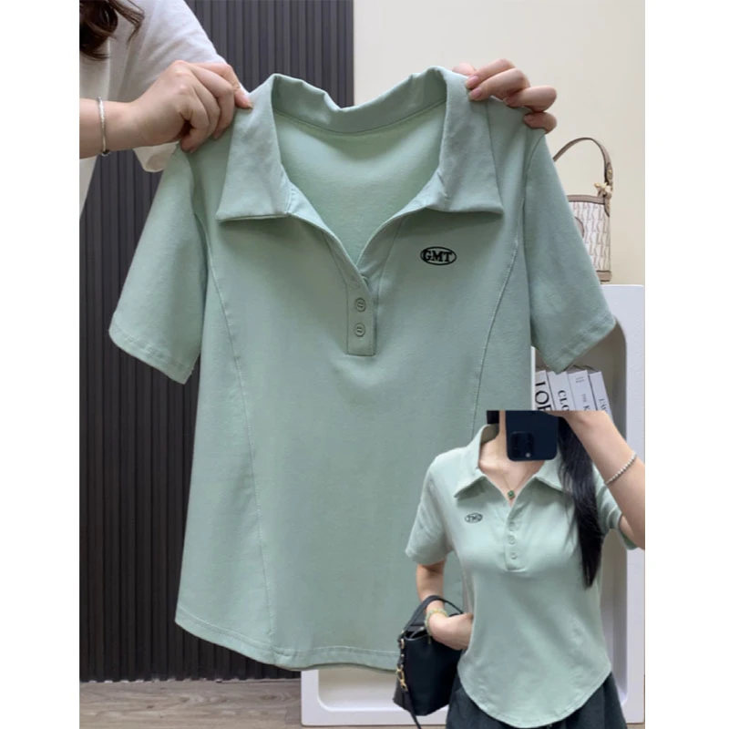 特大码200斤港风文艺正肩polo衫女夏季穿搭鱼骨线弧形显瘦短袖t恤