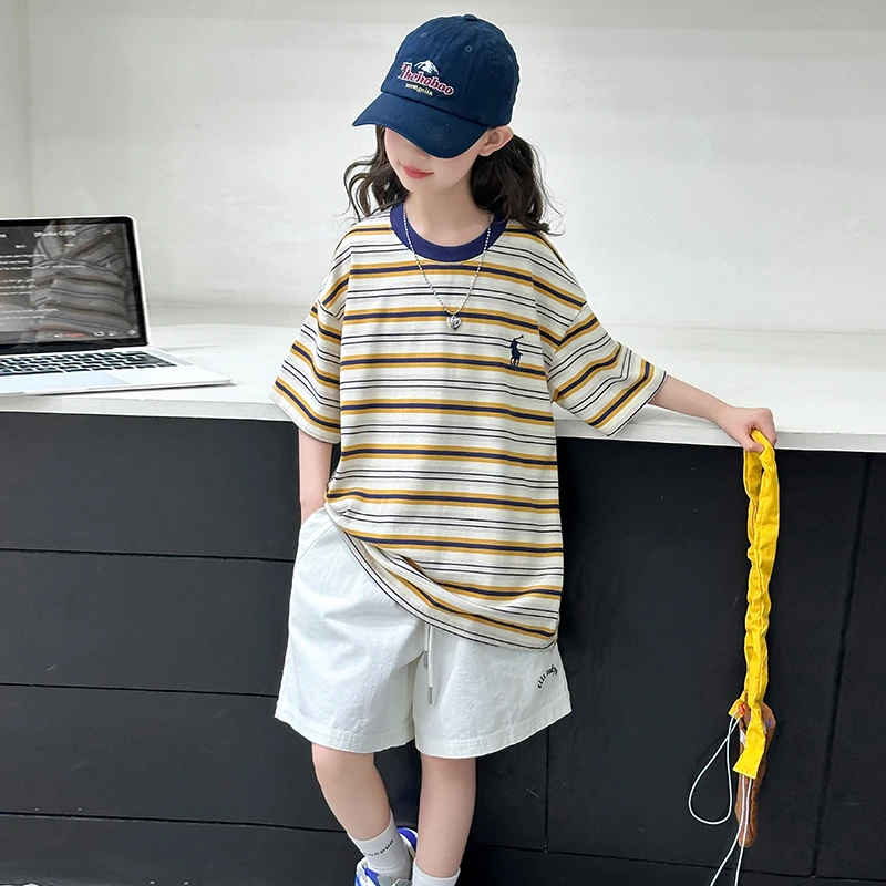女童夏季短袖条纹T恤2025新款儿童夏装休闲中大童上衣女孩衣服潮
