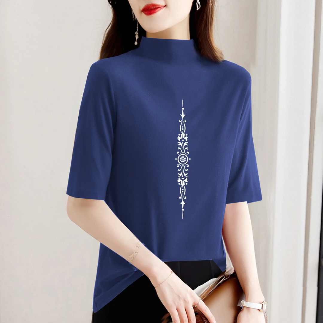 内衬打底上衣半高领打底衫纯棉大码胖mm显瘦印花女装美式休闲体恤