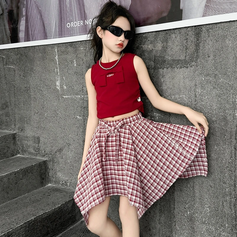 女童夏套装2025新款儿童红色短袖背心T恤韩系不规则半身裙两件套