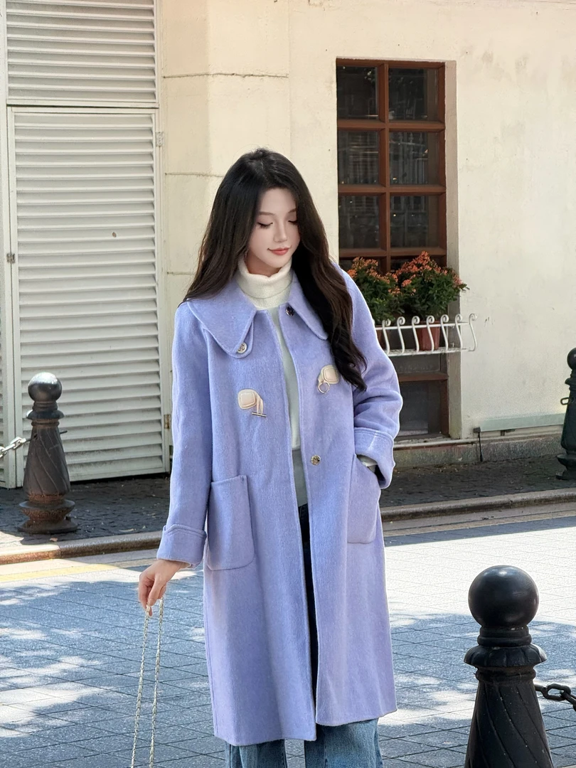 女厚款中长款纯色插肩袖毛呢外套冬季毛呢网红