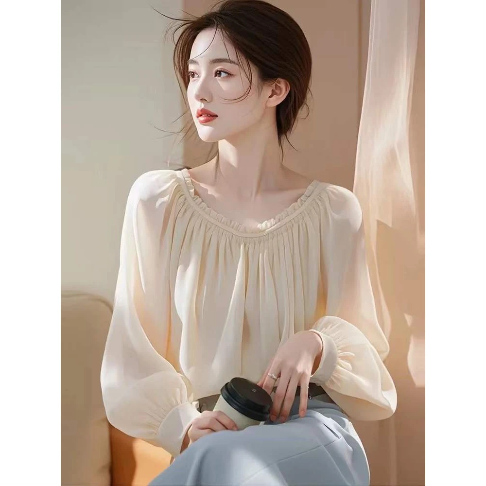 法式长袖雪纺衬衫女2025时尚百搭好看春季新款高级感宽松独特上衣