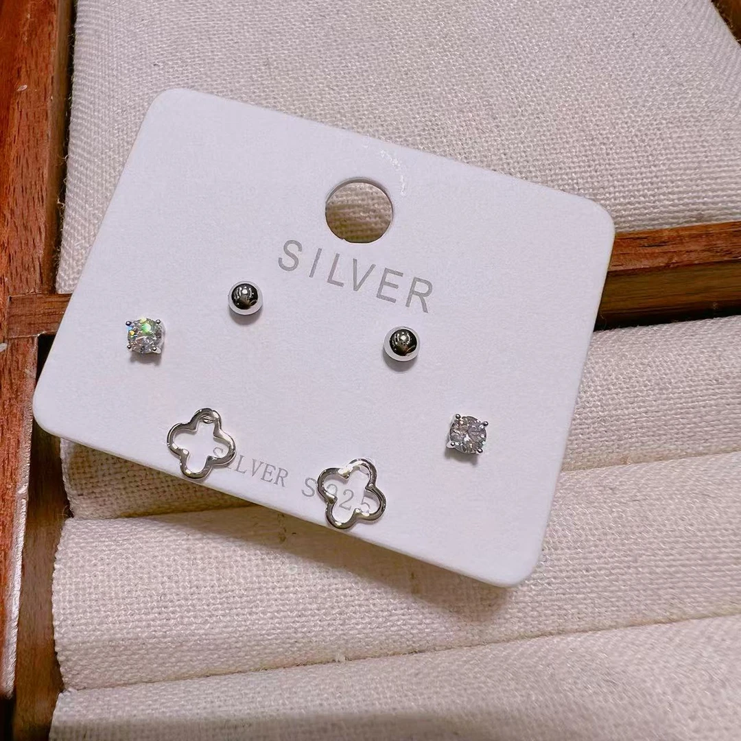 925银耳饰 旺莱 993 镂空四叶花闪锆圆珠三合一银耳钉D78155306