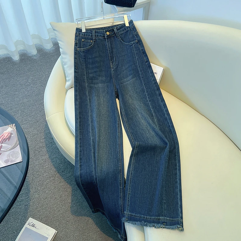 复古毛边阔腿窄版牛仔裤女2025秋季新款慵懒松弛感高腰显瘦直筒裤