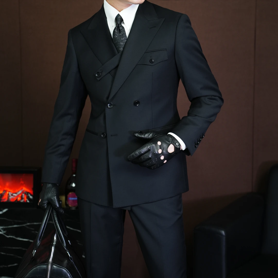 DR家高定T台款纯黑色时尚羊毛高级西服套装结婚双排扣西装