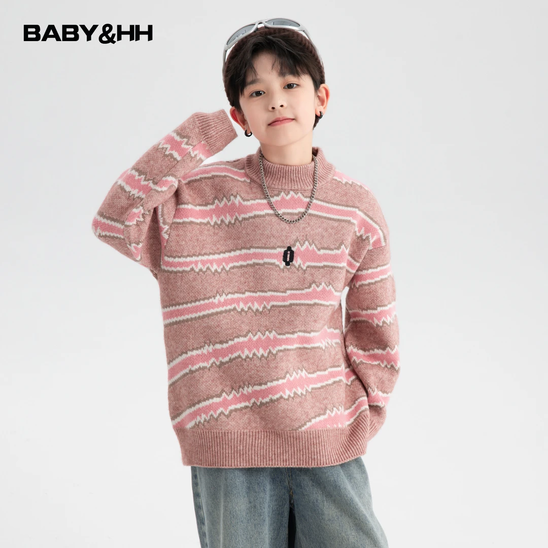 【现货现发】男童冬季韩范半高领粉色条纹毛衣2025新款加厚针织上衣