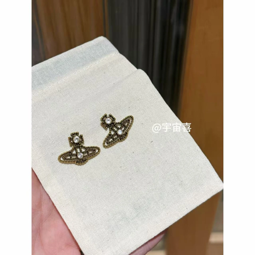 黄铜锆石耳饰 I2-009【黄铜錾刻线条星球白锆石耳钉】