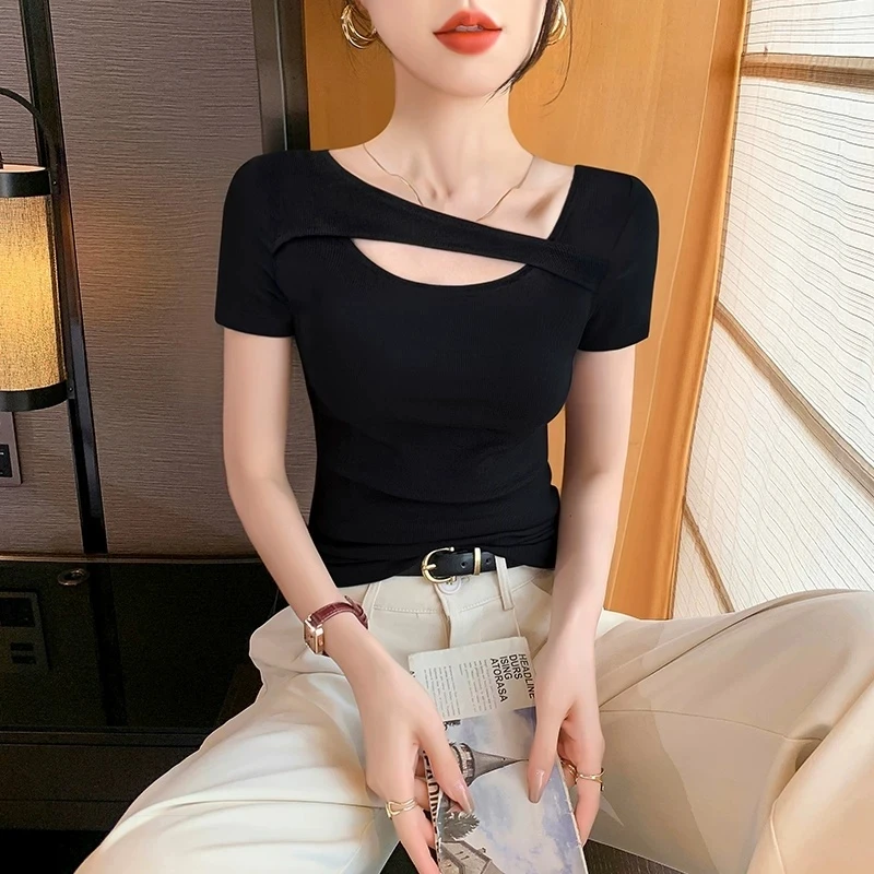 设计感修身显瘦镂空打底衫女春夏季2025上衣黑色螺纹短袖T恤低领