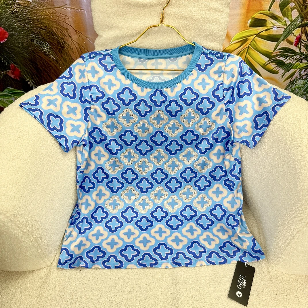 ‘’蓝四叶草‘’烫钻印花桑蚕丝上衣 欧货气质高端欧货印花T恤女大码