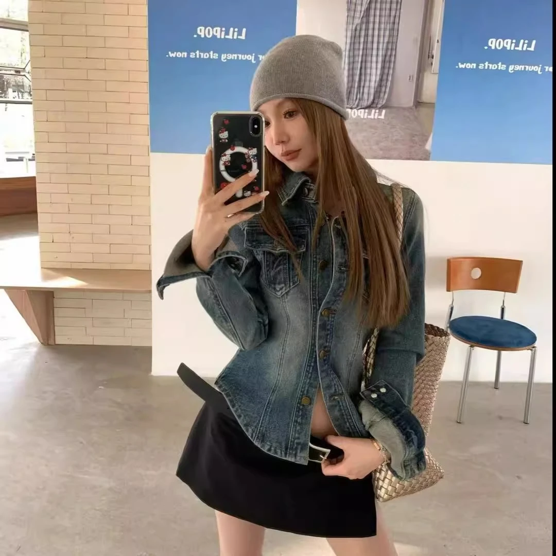 痞帅炸街风女装复古水洗牛仔外套2025夏季美式修身显瘦POLO领上衣