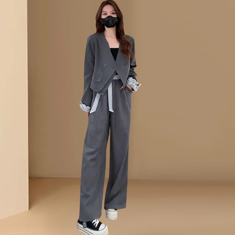 时尚套装女2025年春秋新款网红气质短款西装外套阔腿裤显瘦两件套